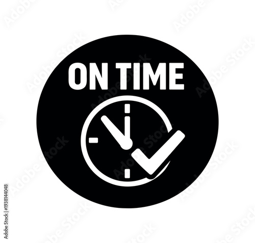 Black circular badge reading "on time" over a clock face and checkmark, useful for punctuality labels, delivery status icons, or time-tracking ui elements.