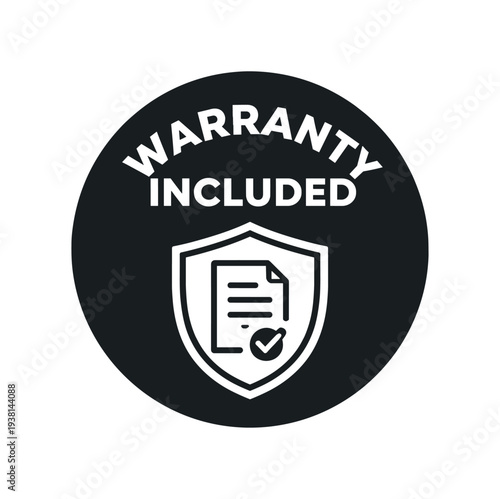 Black circular badge showing a shield with a document and check mark labeled "warranty included".