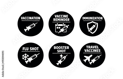 A set of six black circular icons labeled vaccination, vaccine reminder, immunization, flu shot, booster shot, and travel vaccines, each with syringe or calendar