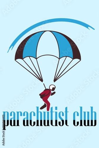 Vector logo design of parachute club with skydiver and parachute representing skydiving extreme sport aviation adventure activity.