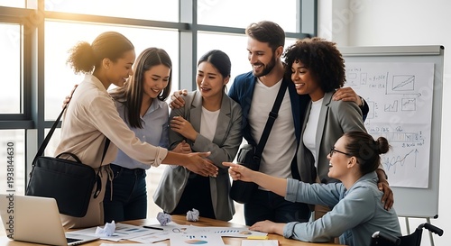 Diverse group of colleagues celebrating success in modern office.