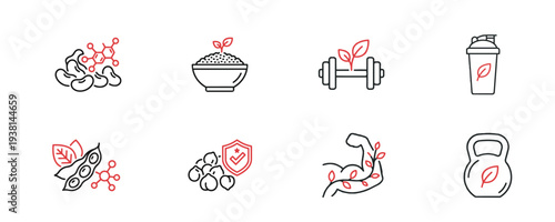 Plant Based Protein Outline Icons Set. Vegan Nutrition, Legumes, Seeds, Healthy Food Linear Vector Illustration