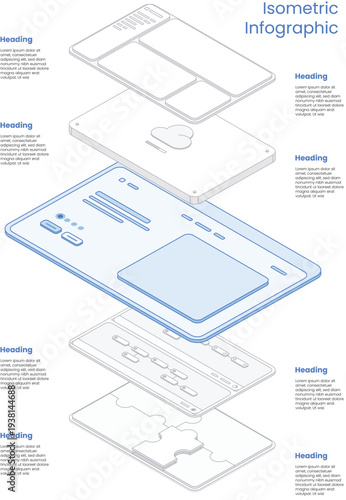 Isometric fintech dashboard infographic. Layered mobile app modules, cloud framework, and five step admin workflow. Modern daylight vector template for SaaS onboarding, UI planning