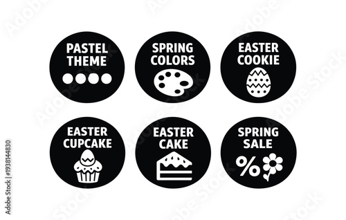 2x3 grid on white background six separate flat vector badges badge solid black circle with the text consistent style and size badge texts and : PASTEL with color dots icon SPRING COLORS