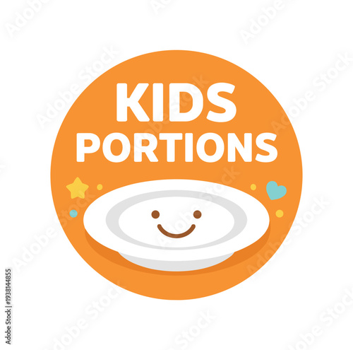 Flat vector badge KIDS PORTIONS simple white small plate with smile good for package business info about product