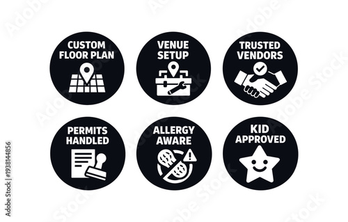 2x3 grid on white background six separate flat vector badges badge solid black circle with the text good for package business info about product consistent style and size badge texts and :