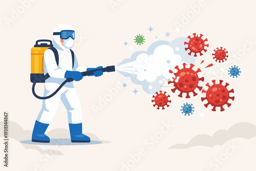 Professional Worker in Protective Hazmat Suit Spraying Disinfectant to Kill Coronavirus Pathogens and Prevent Outbreak Spreading, Sanitation and Cleaning Concept for Public Health and Safety
