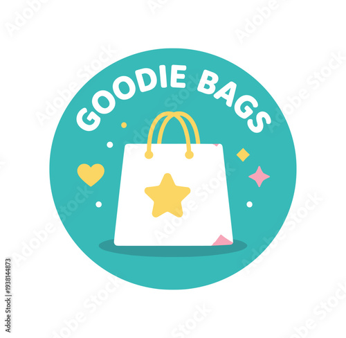 Flat vector badge GOODIE BAGS simple white gift bag with good for package business info about product