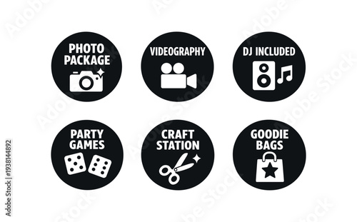 2x3 grid on white background six separate flat vector badges badge solid black circle with the text good for package business info about product consistent style and size badge texts and :