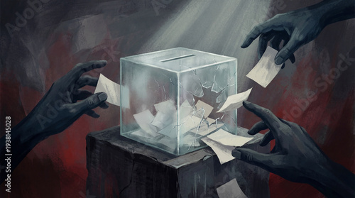 Darkened figures tamper with a broken clear ballot box symbolizing corrupted votes and fading trust in democracy
