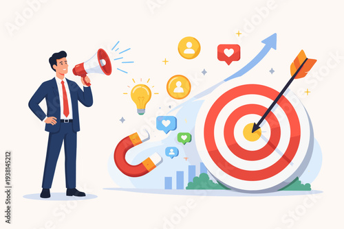 Professional businessman using megaphone for marketing campaign and advertising to target audience with magnet and social media icons to hit business goal and achieve success in vector style.