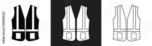 Road safety vest icon with reflective stripes. Black silhouette of a safety vest. Worker uniform mockup. Vector illustration