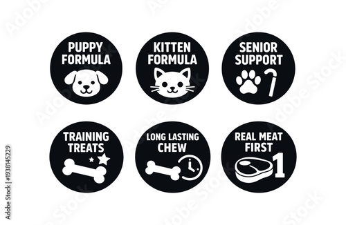 six separate flat vector badges badge solid black circle with the text minimal good look design good for package business info about product consistent style