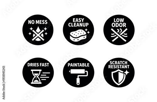 2x3 grid on white background six separate flat vector badges badge solid black circle with the text minimal good look design good for package business info about product consistent style