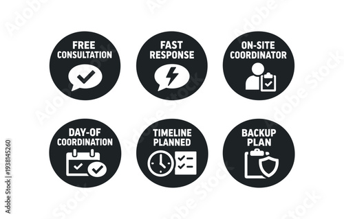 2x3 grid on white background six separate flat vector badges badge solid black circle with the text good for package business info about product consistent style and size badge texts and :