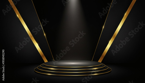 Luxury Black and Gold 3D Podium Stage with Spotlight Background