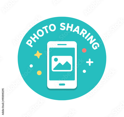 Flat vector badge PHOTO SHARING simple white phone with photo icon good for package business info about product