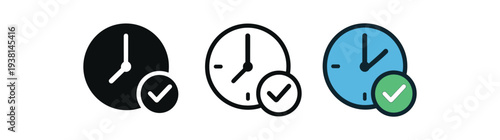 time management three clock with small checkmark blue and green