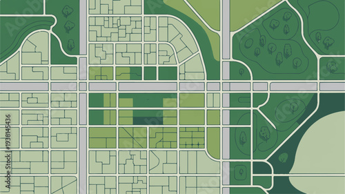 Detailed map view of suburban neighborhood with roads green spaces and buildings layout