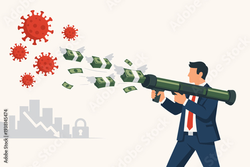 Businessman firing money bazooka at coronavirus cells to save economy, financial stimulus package and quantitative easing concept during COVID-19 pandemic crisis, money injection for market recovery