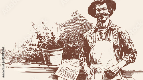 Friendly gardener standing with apron near potted flowers. Rustic yard and tools create background for garden center posters. Hand drawn drawing style.