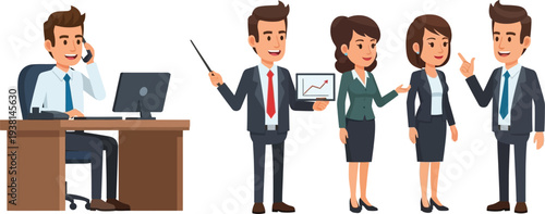 Business team collaborates on strategy using presentation materials.