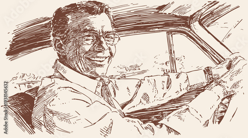Friendly taxi driver smiling behind steering wheel. Mature chauffeur driving car on city road. Charcoal drawn sketch style. Background for transport promotions.