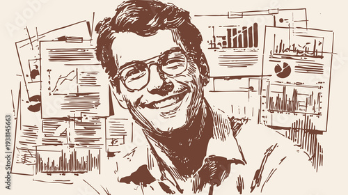 Young analyst with glasses smiling charts statistics. Friendly specialist in front of reports and graphs. Clean pen hand drawn drawing style. Background for startup materials.