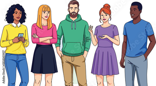 Five young adults stand together posing confidently against a white.