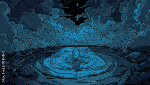 Calm Water with Ripples from Falling Drops, Peaceful Scene