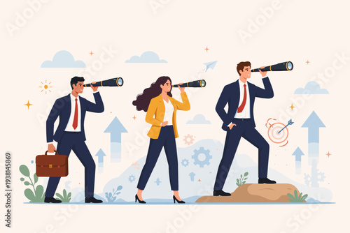 Business professionals looking through telescopes for new career opportunities, job possibilities, and future growth. Concept of vision, leadership, recruitment, and strategic business planning.