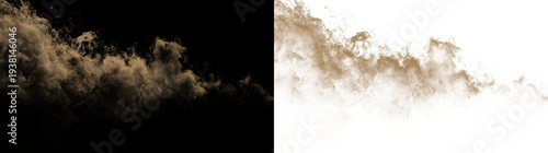 Dust sand soil smoke cloud particles isolated on transparent white background. Brown sandstorm smog sand dust explosion rising. Design elements for Compositing, covering, overlay, PNG