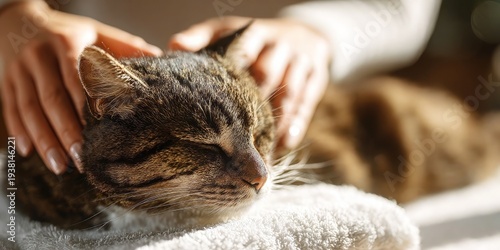 Wallpaper Mural Content tabby domestic cat with closed eyes receiving gentle head massage from caucasian woman hands on soft white towel in warm sunlit room, concept of pet wellness therapy and bonding Torontodigital.ca