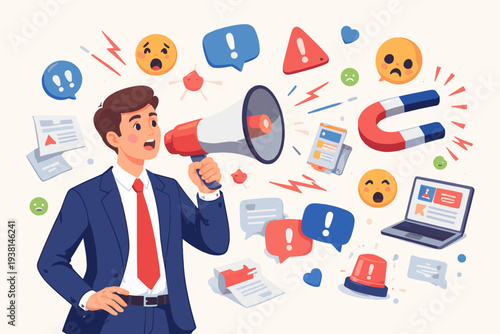 Businessman Shouting into Megaphone Spreading Fake News and Misleading Information on Social Media Concept with Emojis, Magnet, and Digital Icons for Viral Content, Clickbait, and Propaganda