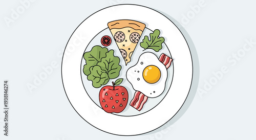 A colorful illustration of a balanced meal containing various food items in a white plate