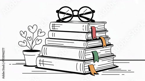 Stack of books with glasses and a potted plant on a table in a cozy reading nook with heart shaped leaves