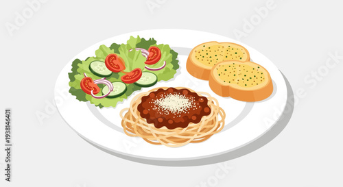 A Delightful Illustration of a Pasta Dish with Salad and Garlic Bread on a Plate