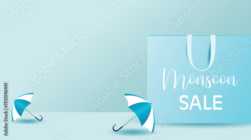 Monsoon sale banner with blue shopping bag and umbrellas on pastel background. Seasonal rainy discount promotion concept with minimal 3D render design and copy space.
