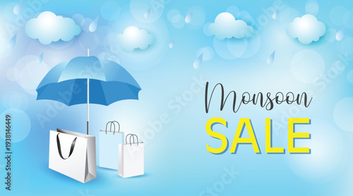 Monsoon sale banner with blue umbrella, shopping bags, rain drops and clouds on soft blue background. Seasonal rainy promotion concept with copy space.