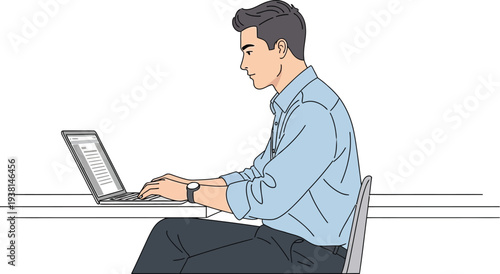 Businessman types efficiently on a laptop computer while sitting correctly.