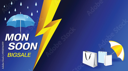 Monsoon big sale banner with umbrella, raindrops and lightning bolt on blue background. Shopping bags and seasonal discount concept for rainy season promotion.