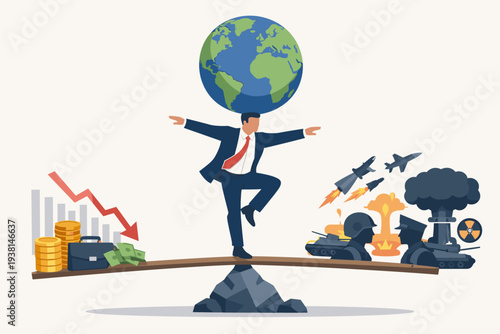 Geopolitical Risk Concept with Businessman Balancing Earth Amidst Global Conflict, War, Nuclear Threat, and Economic Crisis with Falling Stock Market Chart, Financial Instability, and Invasion.