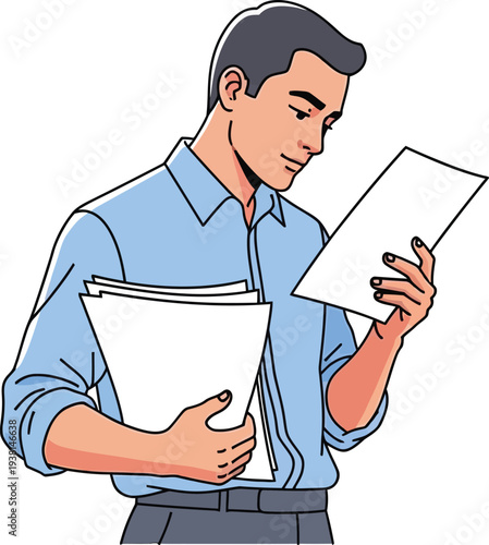 Man reviews important documents while holding a stack of papers with.