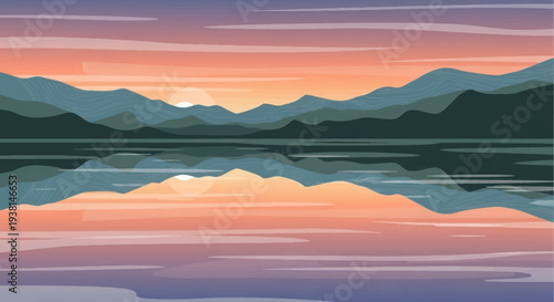 A serene lakeside scene with a vibrant sunset and mountain reflection panorama
