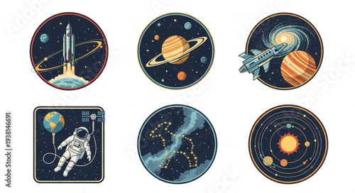 Collection of Space Themed Illustrations and Icons.