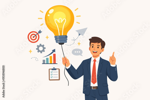Businessman Holding a Glowing Lightbulb Balloon with Business Icons, Creative Idea Concept for Success, Innovation, Strategy, and Helpful Tips for Professional Growth and Corporate Achievement