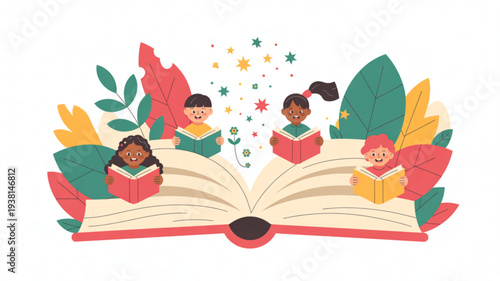 Children reading books emerging from open book surrounded by colorful leaves and stars in whimsical illustration