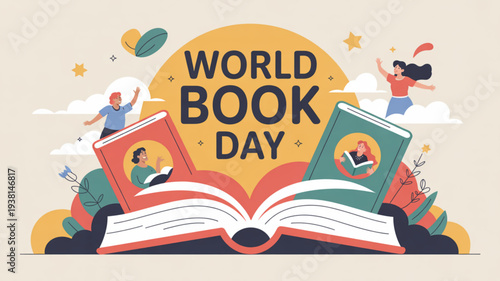 Vibrant world book day illustration with kids reading and playing around giant open books