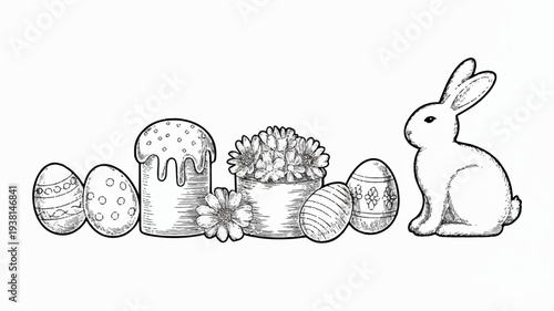 Easter bunny sitting beside decorated eggs cake and flowers in a basket on a white background