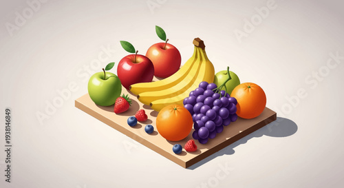 A vibrant assortment of various fruits beautifully arranged on a wooden platform